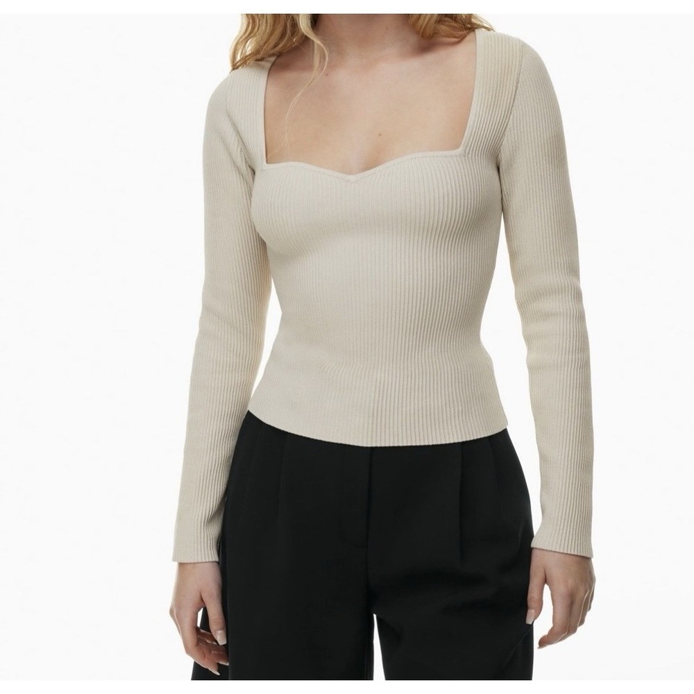 Aritzia Babaton Sculpt‎ Knit Sweetheart Ribbed Long Top Beige Stretch Neutral